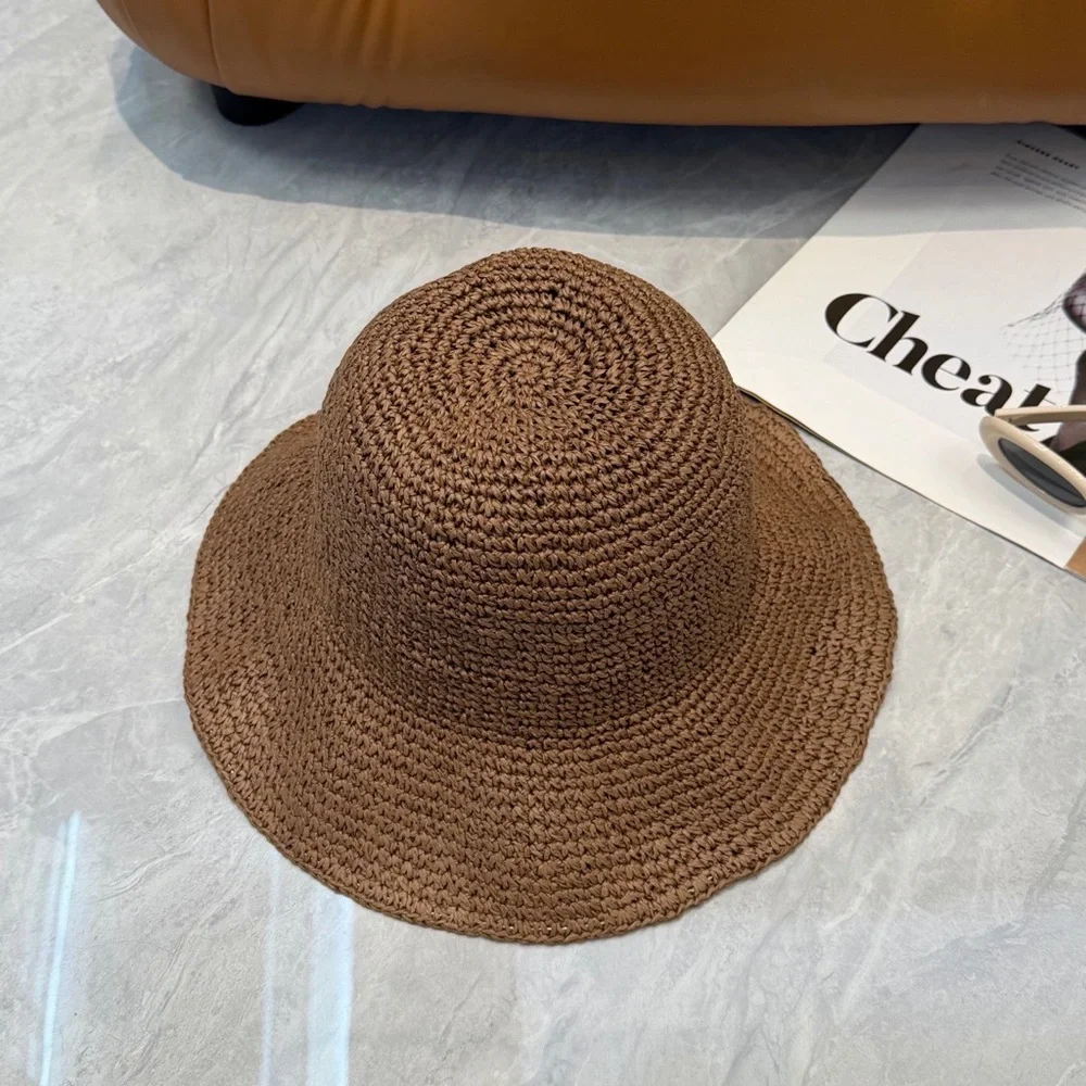 LOEWE Brown Raffia Bucket Hat Leather Anagram Logo Straw Ibiza Summer Coffee Tan - Picture 8 of 8